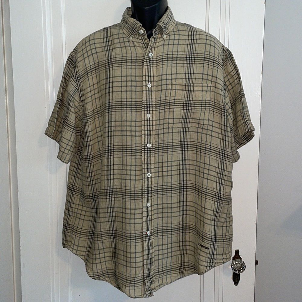 Daniel Cremiuex Collection tan & black plaid linen shirt
